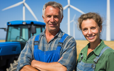 Portrait of rural people on the field with tractor in summer day