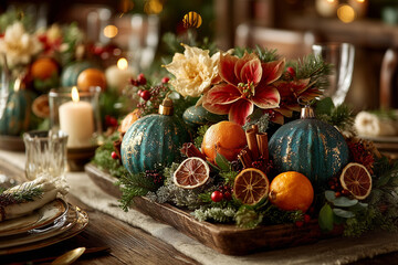 Christmas baubles with flowers on the christmas table. 