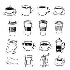 Collection of hand drawn coffee related illustrations including cups mugs to go cups coffee bag grinder and french press