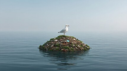Fototapeta premium A Seagull stands on a floating pile of garbage in a tranquil sea, highlighting the tragic environmental impact of pollution on marine ecosystems.