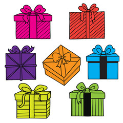 Collection of colorful hand drawn gift boxes with ribbons and bows on a white background