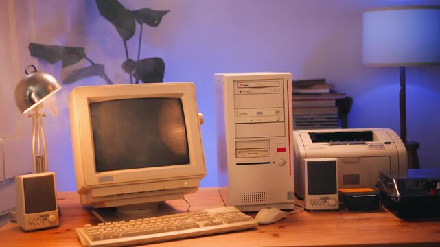 Retro pc computer gaming, Desktop vintage with loading code console, programmer making scripts, green basic screen, Old computer studio close-up, retro wave display, late 90s PC.