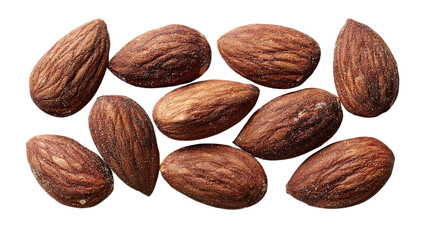 Collection of raw unsalted almonds arranged attractively showcasing rich brown color and textured surface isolated on transparent background