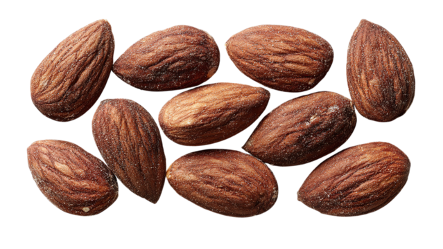 Collection of raw unsalted almonds arranged attractively showcasing rich brown color and textured surface isolated on transparent background