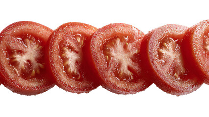 Freshly sliced red tomatoes arranged in a vibrant pattern showcasing juicy flesh and visible seeds isolated on transparent background