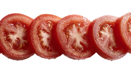 Freshly sliced red tomatoes arranged in a vibrant pattern showcasing juicy flesh and visible seeds isolated on transparent background
