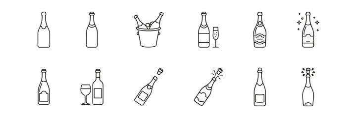 Champagne and Sparkling Wine Icons Set in Line Style