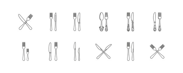 Collection of Cutlery Line Drawings Set in Various Designs