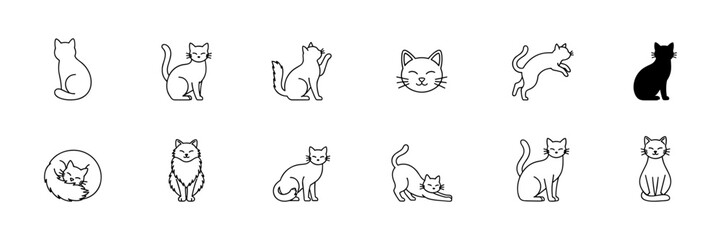Set of twelve simple line drawings of cats in various poses