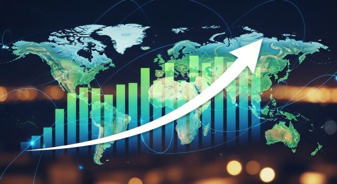 Global economic growth trend illustration with upward arrow chart and world map background