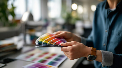 Designer hands holding color fan deck face obscured color selection palette choosing design colors color options paint swatches color coordination office defocused with