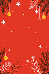 Red festive Christmas background with shiny baubles, pine branches, and glitter decorations creating a joyful holiday atmosphere