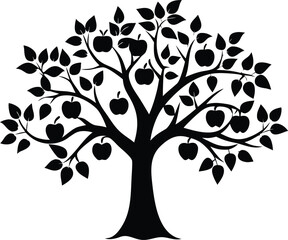 Obraz premium Apple tree with fruits, leaves, and flowers silhouette vector illustration