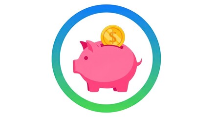 Flat Style Piggy Bank with Golden Coin and Circle Shape Icon