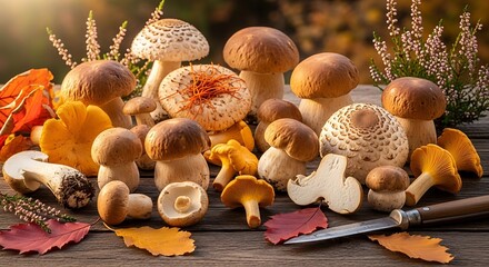 A close-up shot of a diverse collection of freshly gathered edible fungi artfully arranged on a weathered wooden surface, with autumnal foliage