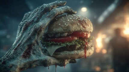 A spooky zombie hand grips dripping burger. The hand is gray and skeletal, with blood oozing from sandwich. Creepy Halloween food