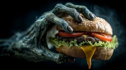 A spooky zombie hand grips a dripping burger. The hand is gray and skeletal, with blood oozing from sandwich. Halloween