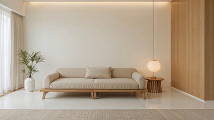 Modern living room with sofa and furniture. Japanese style one room interior. Practical sofa bed furniture design.