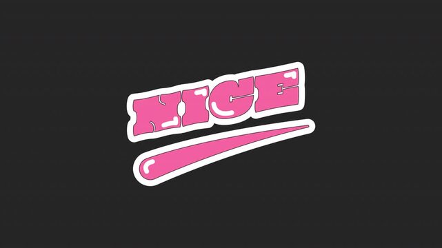 Animated word nice in retro pink bubble letters. Positive speak. Pleasant, fine. Friendly, kind compliment. Glossy text reveal animation inside white silhouette outline with underline swoosh on black