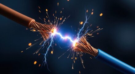 Electrical arc between two frayed wires creating bright sparks and energy