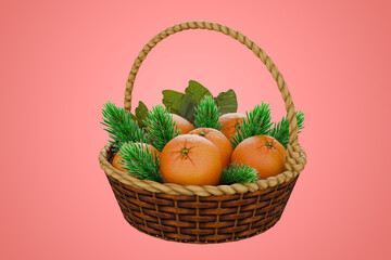 Basket filled with oranges and pine leaves