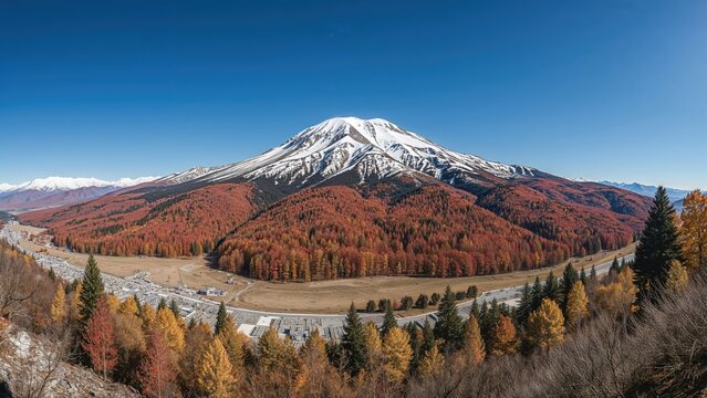 Panoramic view of autumn highland snow mountain of Yading Nature Reserve, snow-capped mountains, crystal clear lakes, vast grasslands, colorful forests, Shangri-La Town, Daocheng, Sichuan, China