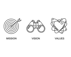 Business mission vision values icons representing goals strategy and company principles