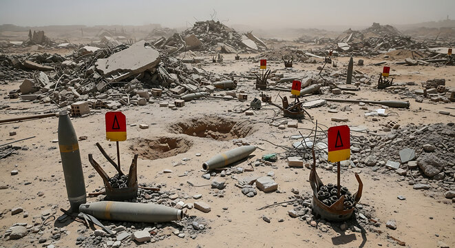 Unexploded ordnance marks hazardous area in desert landscape after conflict, highlighting the dangers of war and the need for landmine removal.