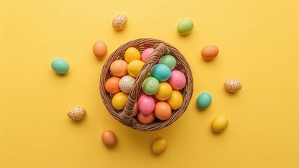 Obraz premium A basket with colored eggs on a yellow background. View from above background, food, nature, Easter, spring, white, color, celebration, farm, chicken