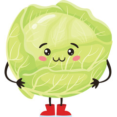 Cartoon Cabbage Character With Cute Face And Red Boots Standing On Transparent Background Smiling