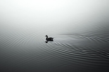 A duck gliding across a pond, leaving ripples in its wake