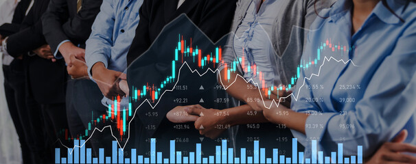Diverse business professionals lined up, showcasing financial graphs and charts that reflect teamwork and market trends in an evolving corporate environment. Scalp