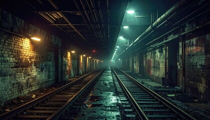 Obraz premium Dark Urban Train Tunnel with Graffiti and Green Lighting