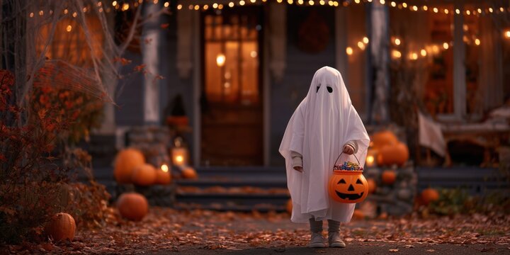 Realistic photo of a child dressed as a ghost in a white sheet costume, holding a pumpkin bucket filled with candy, standing in front of a decorated house with pumpkins and lights on Halloween night.