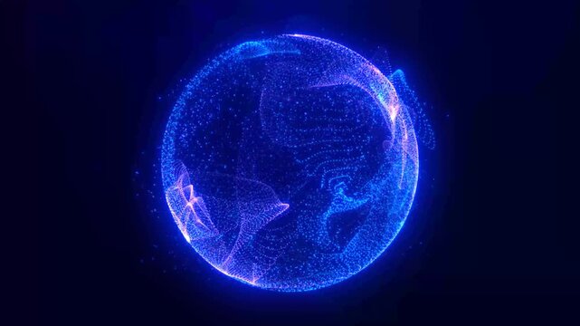 Abstract round blue sphere light bright glowing from rays of energy and magic waves from particles and dots, abstract background. Video 4k,