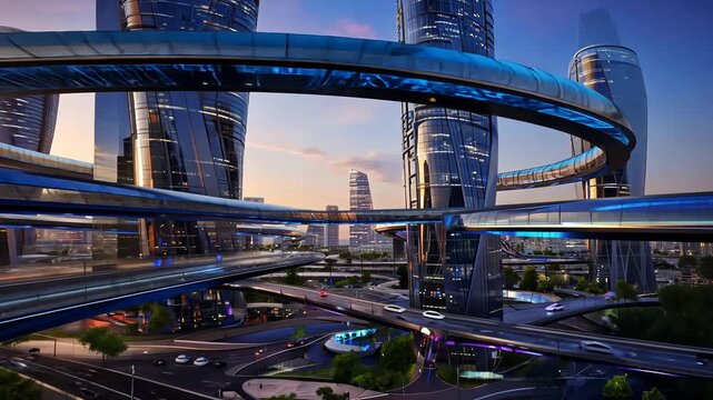 Elevated highways and skybridges encircle futuristic skyscrapers at sunset