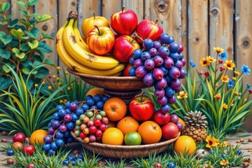 Colorful Fruit Bowl Rustic Garden Scene
