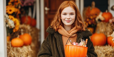 Realistic photo of a smiling red-haired girl in autumn clothes holding a pumpkin-shaped bucket full of candies. Festive Halloween atmosphere with pumpkins, hay, and flowers creating a cozy seasonal