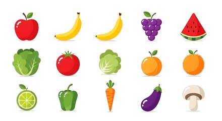 Collection of Fresh Fruits and Vegetables Isolated on White Background.
