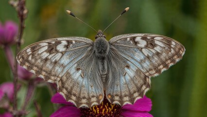 Obraz premium Macro photography of a beautiful grey butterfly with black and white dots; when it spreads its wings, it reveals blue metallic wings. Euchrysops cnejus n.