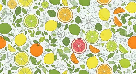 Seamless Citrus Fruit Pattern with Lemons Limes Oranges and Grapefruits.
