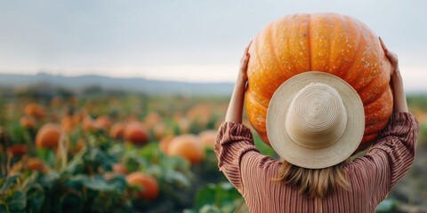 Young woman in straw hat holding giant pumpkin in a lush pumpkin field, smiling during autumn harvest season.