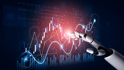 A robotic hand engages with dynamic financial graphs and data patterns in a modern digital workspace, symbolizing innovation in financial technology and analysis. Scalp
