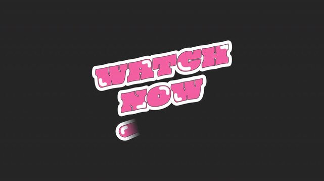 Animated cta button watch now in retro pink bubble letters. Content promotion. Thumbnail, viewer engagement. Glossy text reveal animation inside white silhouette outline with underline swoosh on black