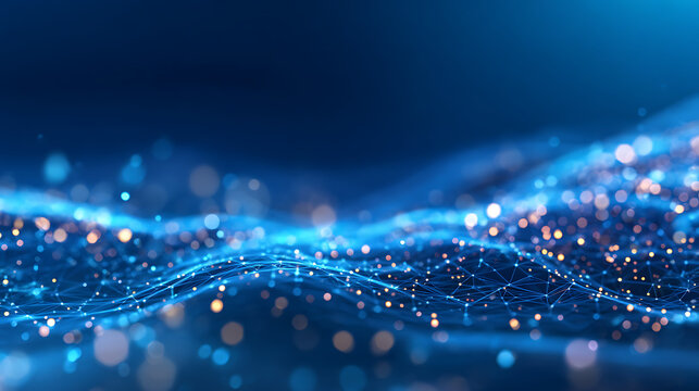 AI tech data wave with futuristic blue abstract background and light patterns. Cyber network of 3D particles and connecting lines in digital vector mesh. Modern geometric design for science 95389640 1