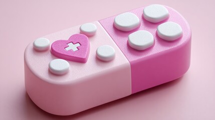 Stylized pill with heart symbol and tablets against a soft pink backdrop