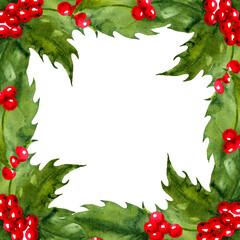 Watercolor Holly Leaves With Red Berries Frame For Christmas And Holiday Decor