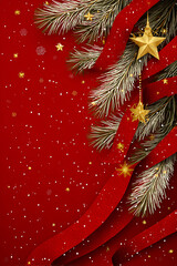 Red festive Christmas background with shiny baubles, pine branches, and glitter decorations creating a joyful holiday atmosphere