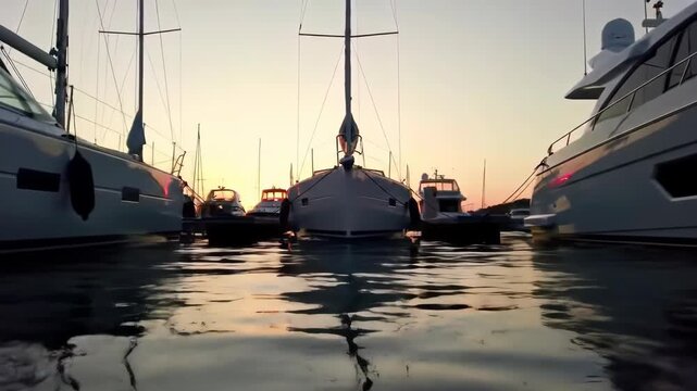 Luxury yachts and boats moored in a harbor at sunset, reflections.