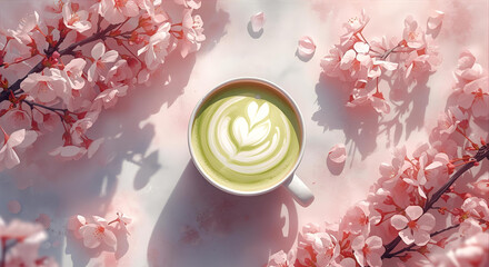 Matcha Latte with Sakura Flowers in Soft Pastel Aesthetic 